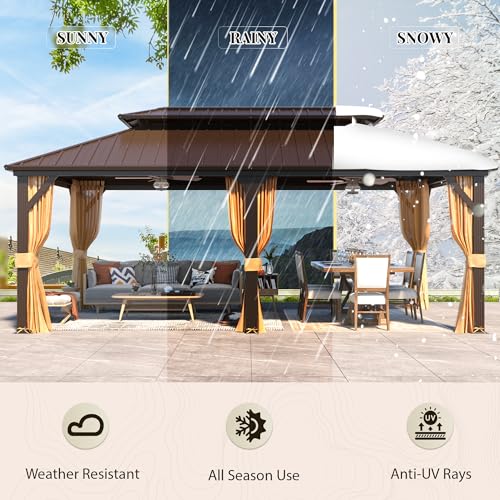 YOLENY 10' x 12' Hardtop Gazebo, Metal Gazebo with Aluminum Frame, Double Galvanized Steel Roof, Curtains and Netting Included