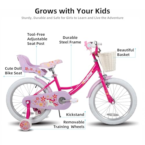 JOYSTAR Unicorn Kids Bike for Girls Ages 2-9 Years Old, 12 14 16 18 Inch Kids Bike with Training Wheels, Doll Seat, Streamers and Basket