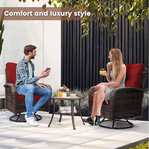 3 Piece Rattan Wicker Bistro Set, Outdoor Conversation Furniture Set with Glass Top Table, Space Saving for Balcony, Backyard, Natural