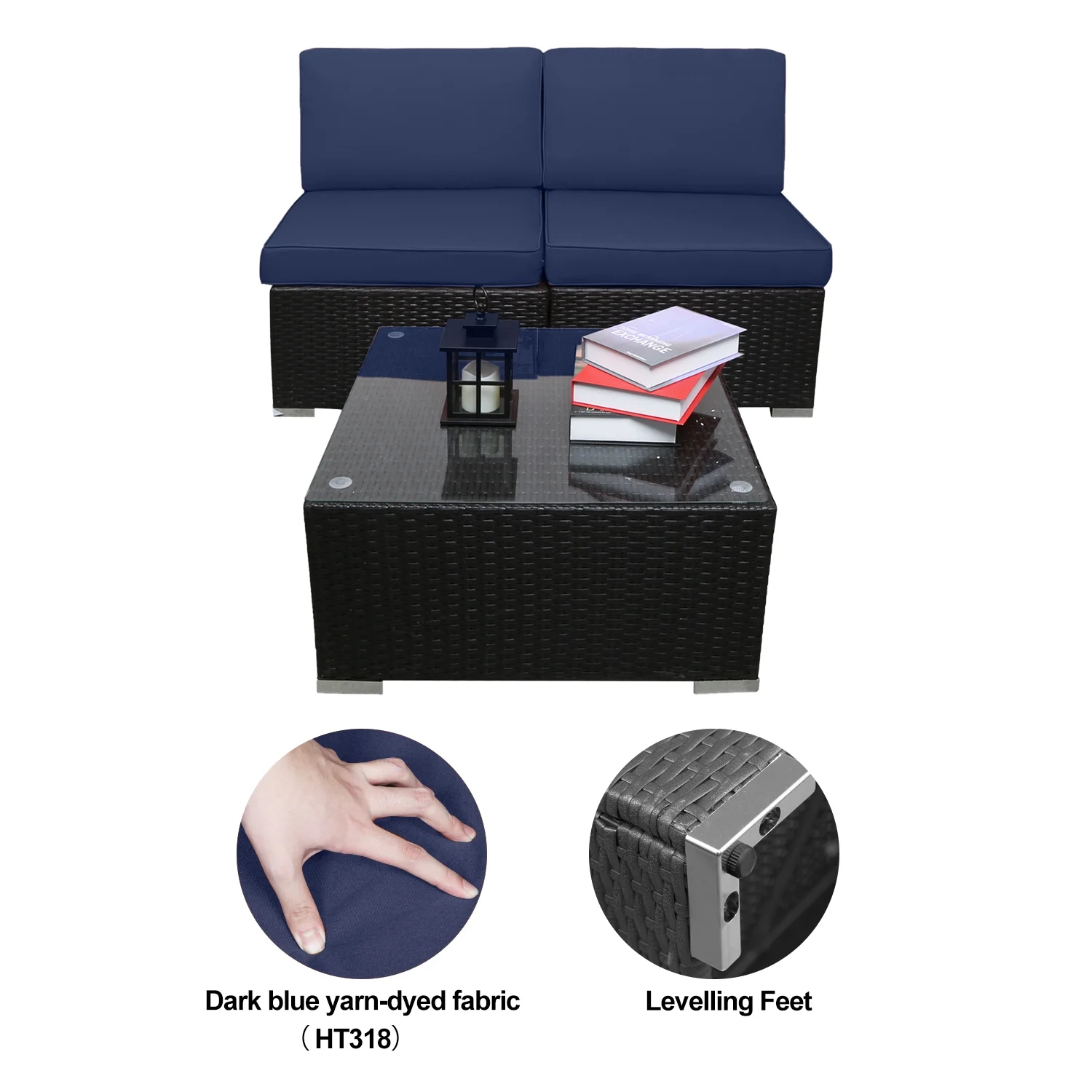 Outdoor Garden Terrace Blue Sofa Set of 7, PE Rattan and Small Yard Recreational Conversation Set with Cushions from EXCITED WORK