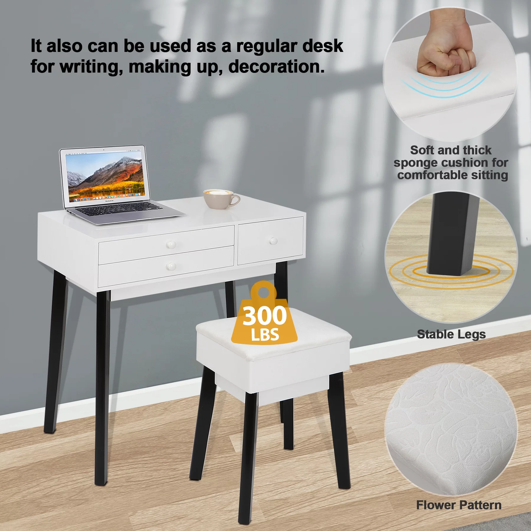 Lafuria vanity set with lighted mirror,Make up vanity dressing table with cushioned stool set in black and white