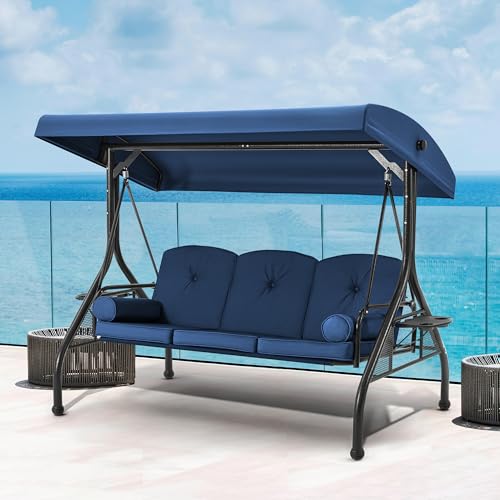HOMREST 3 Seat Outdoor Porch Swing with Adjustable Canopy, Convertible Patio Swing Bed with Stand, Patio Glider Swing with Upgraded Cup Holder
