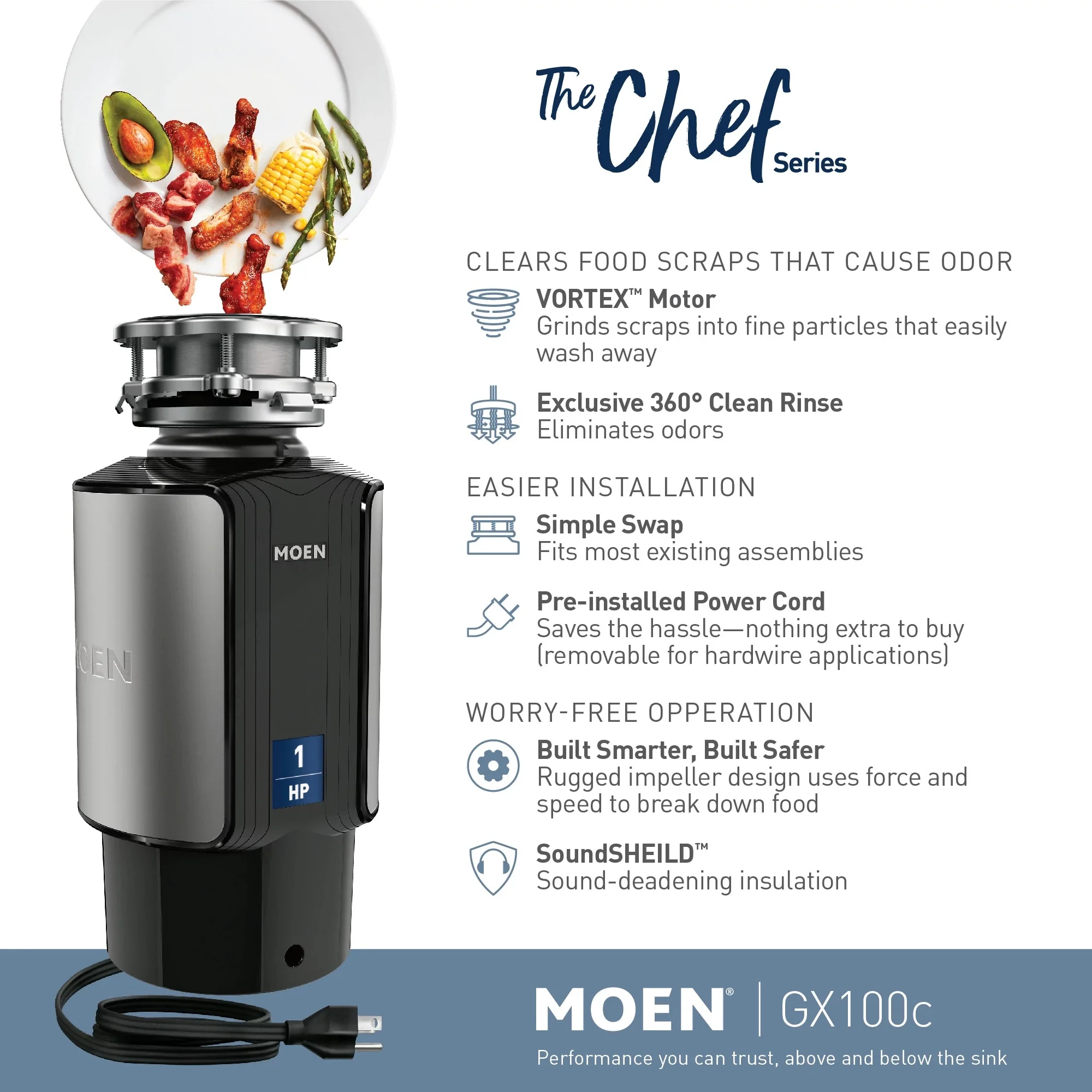 Moen Chef Series 1 HP Continuous Feed Garbage Disposal with Sound Reduction, GX100C