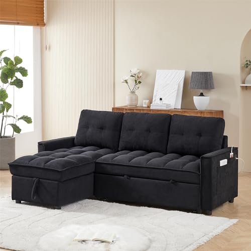 Convertible Chair Bed, 3 in 1 Convertible Sofa Bed Sleeper Sofa with Storage Chaise & Side Pocket, Built-in Charging Station
