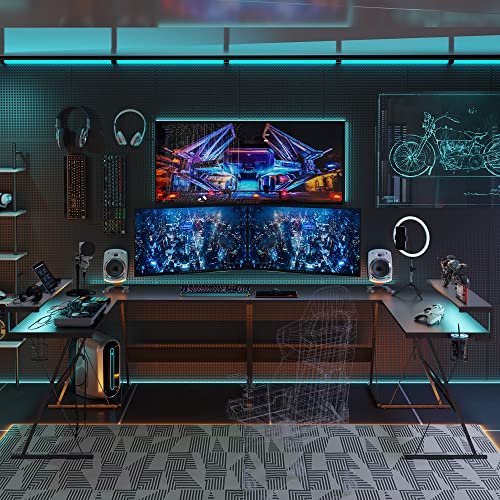 Bestier L Shaped Gaming Desk with LED 55 Inch, Large Monitor Shelf Cup Holder Headset Hook 3 Setup Ways Reversible 72 Inch Long Desk for 2 Persons