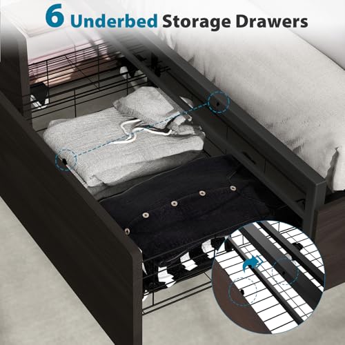 Full Size Bed Frame with Headboard, LED Platform Bed with 4 Storage Drawers, Built in Charging Station, Noise-Free, Metal Support Base