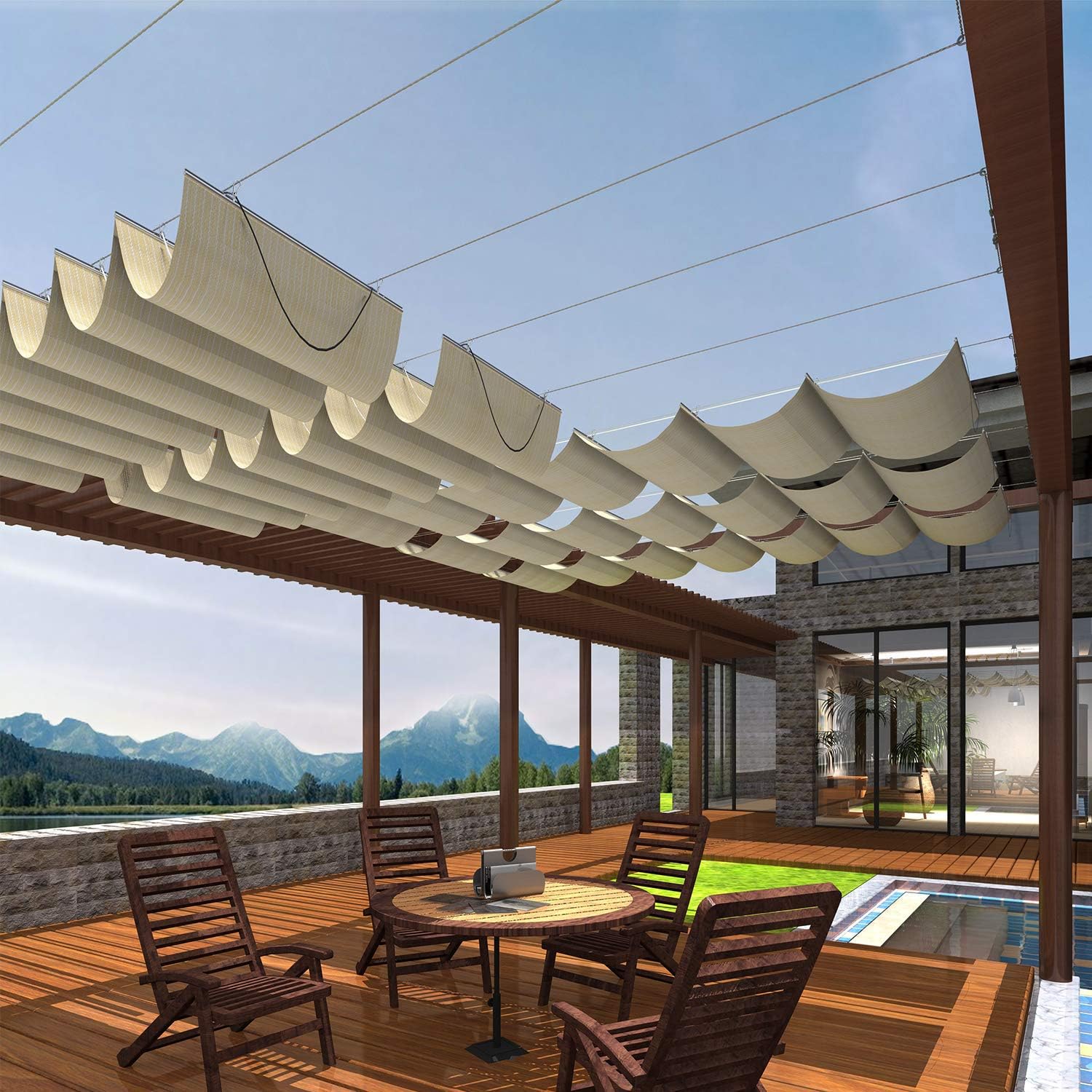 Patio Pergola Shade Cover for Deck Backyard Canopy Shade Awnings Retractable Slide Wire U Shape Replacement Shade Cover Come with Cable Hardware