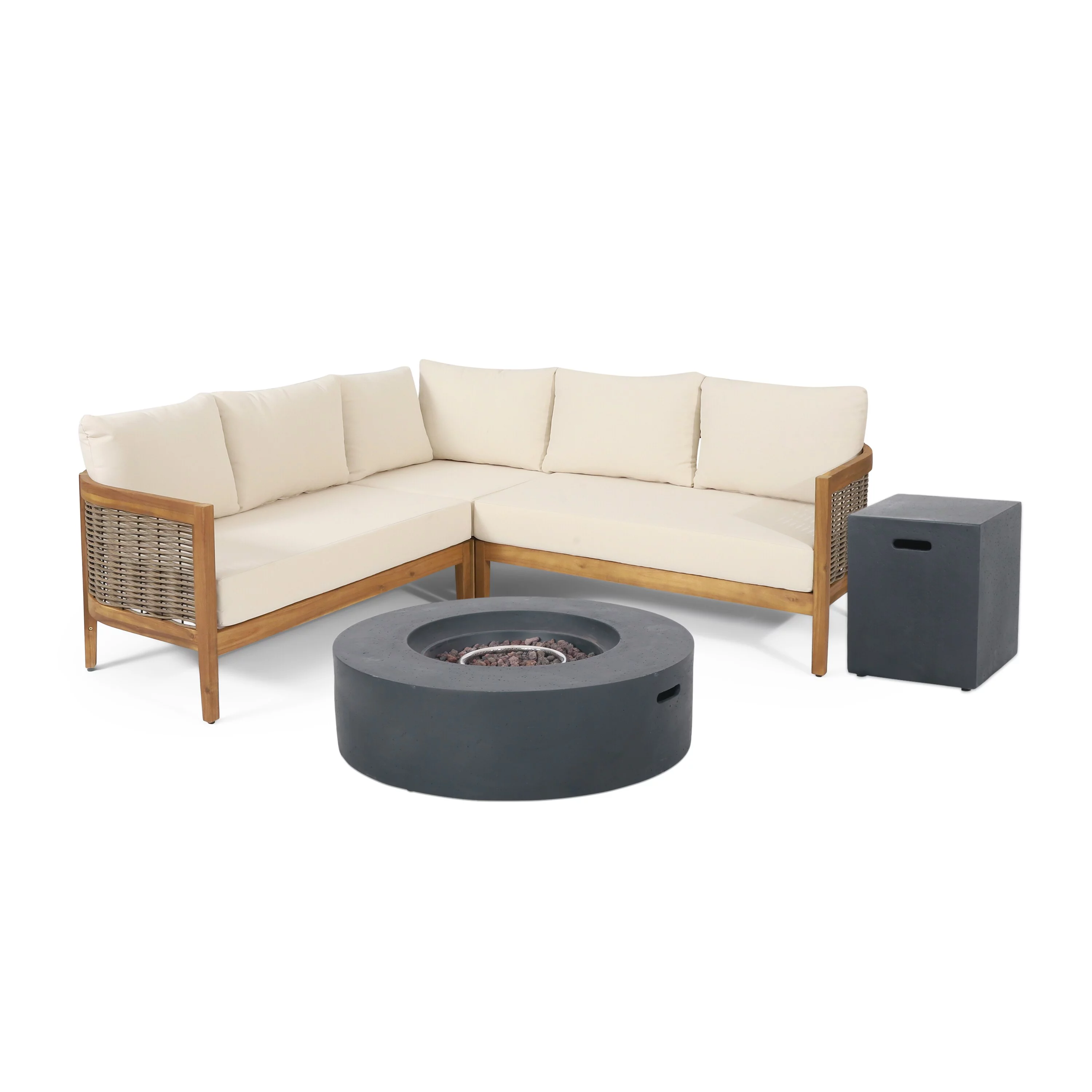 Christopher Knight Home Burchett Outdoor Acacia Wood and Round Wicker 5 Seater Sectional Sofa Chat Set with Fire Pit by Teak/Mixed Brown/Beige/Dark
