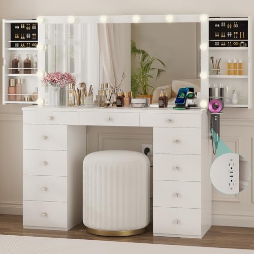 Likein Vanity Desk with Mirror and Lights, White Vanity with Jewelry Storage Cabinet, Makeup Dressing Table with 11 Drawers, Charging Station