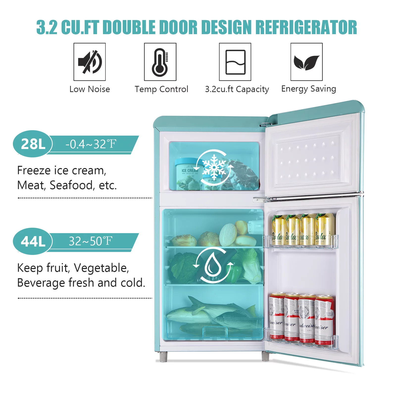 Compact Refrigerator Mini Fridge with Freezer, 3.2 Cubic Feet Retro Dual Door Small Refrigerator by WANAI with 7 Temp Modes, LED Lights