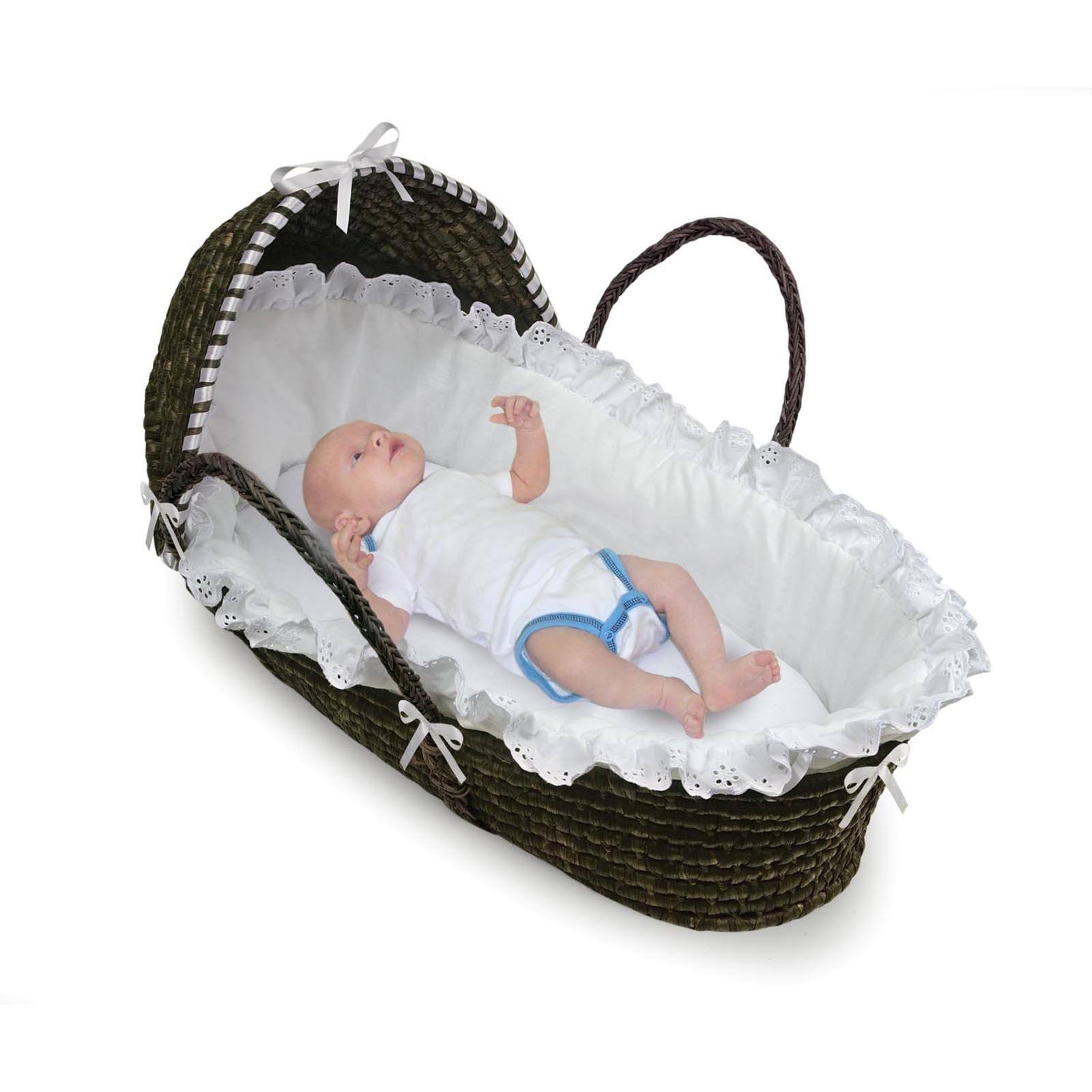 Badger Basket Espresso Moses Basket with Hood - Blue Gingham Bedding