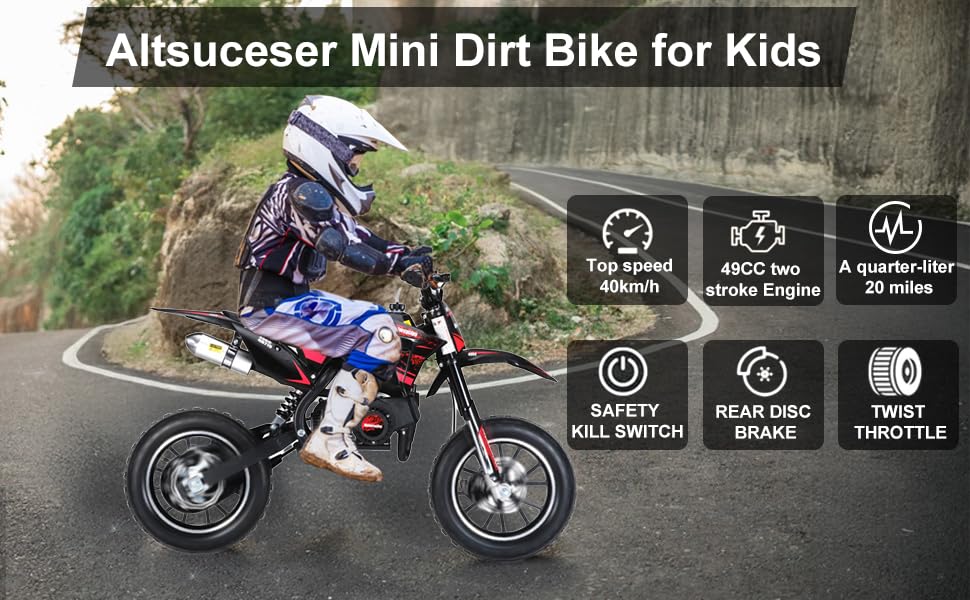 49cc Kids Dirt Bike, 2-Stroke Gas Powered Mini Motocross Motorcycle, Off-Road Dirtbike for Kids 5-14 with Front/Rear Disc Brakes, Shock Absorption