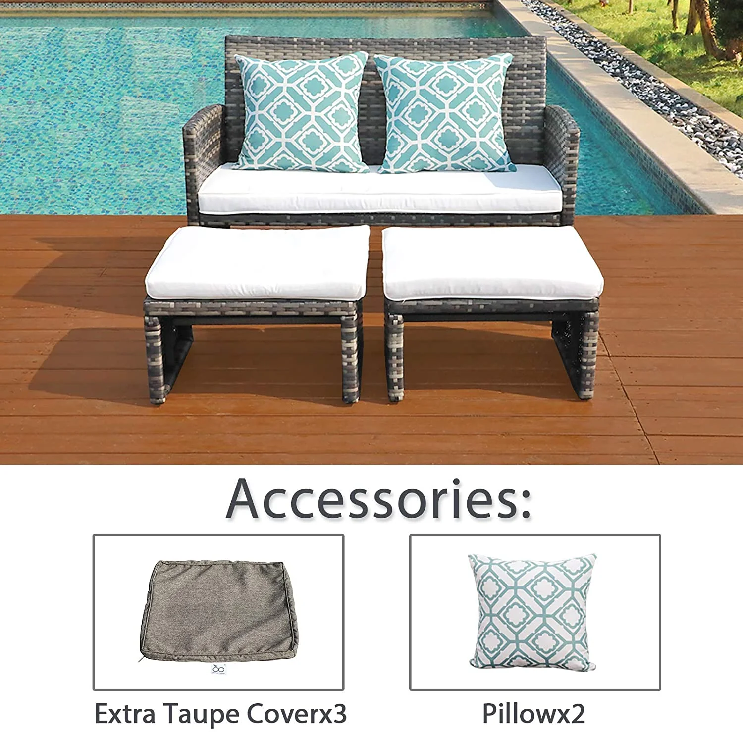 Outdoor Loveseat Patio Furniture Rattan Conversation Set with Ottoman, White Cushions, Grey Wicker, Pillows Included