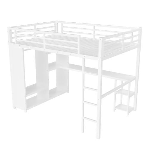 Metal Loft Bed with Wardrobe and L-Shaped Desk, Full Size Loft Bed with Storage Cubes and Shelves, Heavy Duty Loft Bed for Kids Teens, White