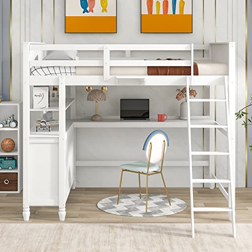 Harper & Bright Designs Full Loft Bed with Desk and Wardrobe,Solid Wood Loft Bed Frame Full with Storage Drawers for Kids Teens Adults