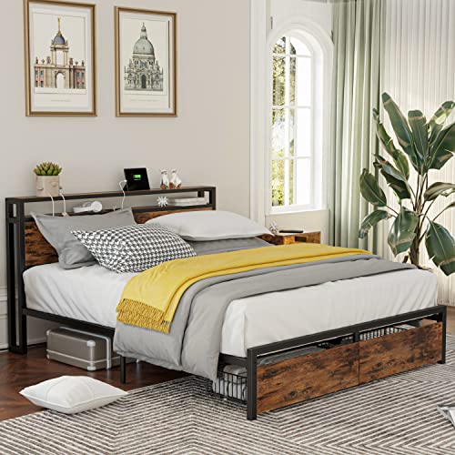 LIKIMIO King Bed Frame with Storage Headboard, Platform Bed with Drawers and Charging Station, No Box Spring Needed, Easy Assembly, Vintage Brown