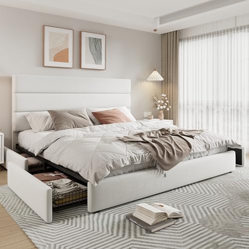 Allewie Modern Full Size Platform Bed Frame with 4 Storage Drawers and Velvet Upholstered Headboard, Wooden Slats Support
