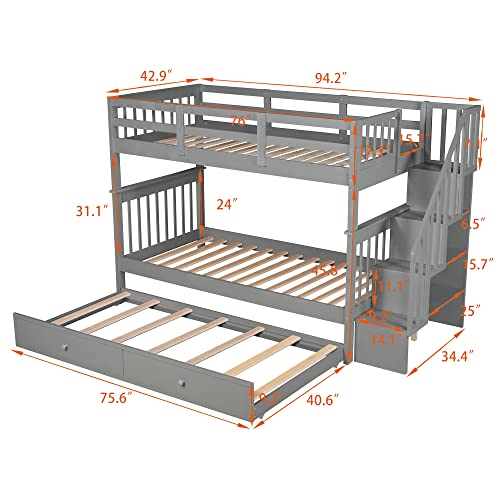 Harper & Bright Designs Twin Over Twin Bunk Bed with Stairs and Trundle, Solid Wood Stairway Bunk Bed Frame with Storage