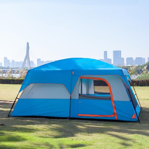 KTT Extra Large Tent 10-12-14 Person(Style-B),Family Cabin Tents,2 Rooms,3 Doors and 3 Windows with Mesh,Straight Wall,Waterproof,Double Layer