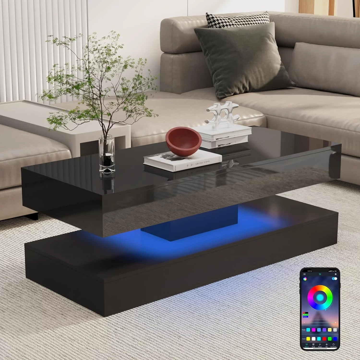 ChVans LED Coffee Table with 2 Storage Drawers, Modern High Gloss Black Coffee Table w/20 Colors LED Lights & APP Control, Large Living Room Furniture