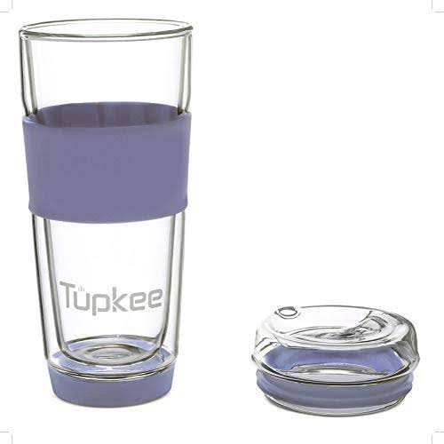 Tupkee Double Wall Glass Tumbler - 14-Ounce, All Glass Reusable Insulated Tea/Coffee Mug u0026 Lid, Hand Blown Glass Travel Mug