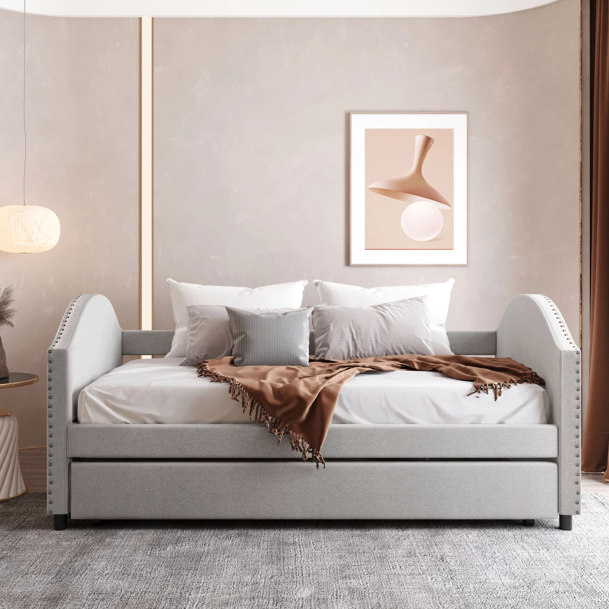 Beige Twin Size Upholstered Daybed with Twin Size Trundle, Wood Slat Support