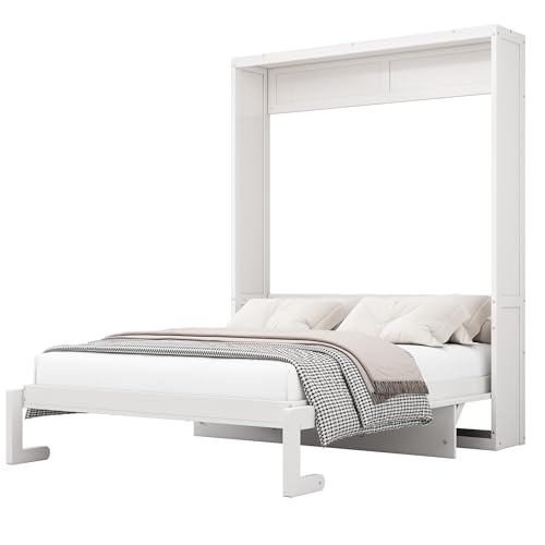 SOFTSEA Full Murphy Bed Wall Beds, Wood White Cabinet Bed 61.5” Foldable Platform Bed with Shelf for Guest Room