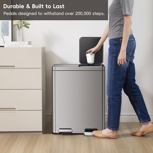 EKO EcoCasa II 36L+24L Dual Trash Can with Recycle Bin, Stainless Steel Garbage Can with Lid, Deodorizer Compartment
