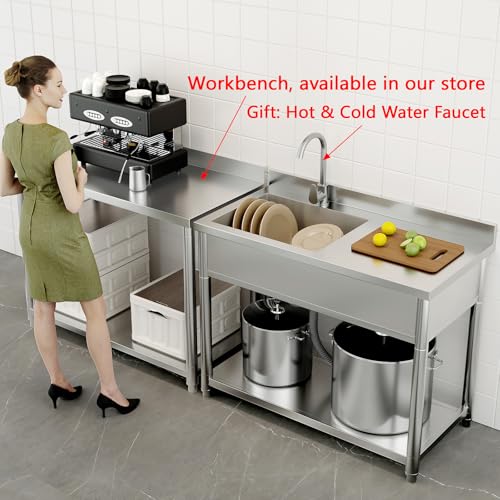 Stainless Steel Utility Sink, Large Freestanding Laundry Sink with Pull-out Faucet for Kitchen, Bathroom, Laundry Room, Garage, Outdoor/Indoor Use