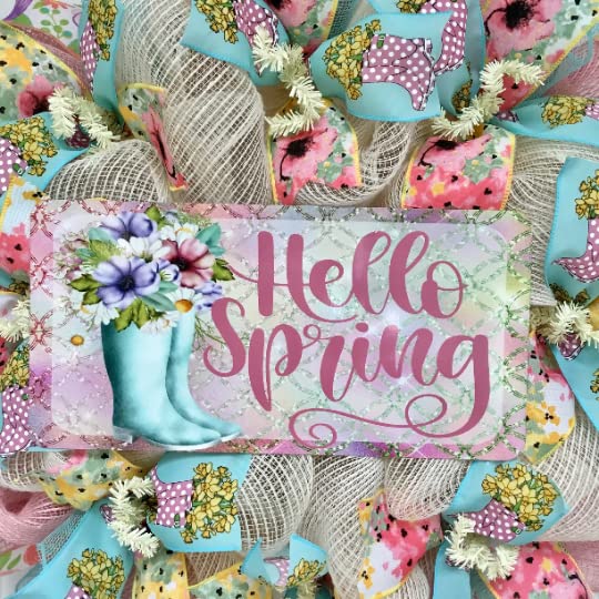 Hello Spring Floral Rain boots Pastel Wreath Handmade Deco Mesh Available in 24 inch and 28 inch diameters