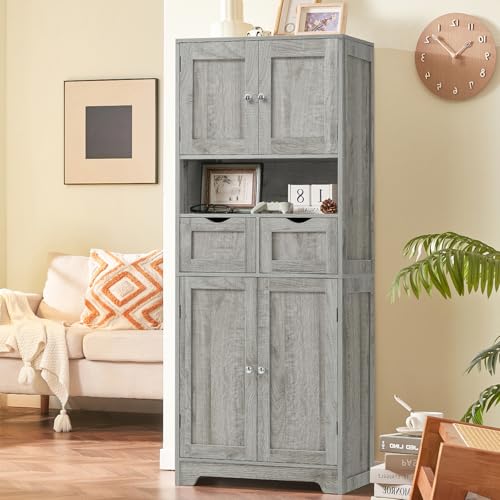 57.8“H Tall Bathroom Cabinet, Storage Cabinet with 2 Drawers & 2 Adjustable Shelves, Bathroom Storage Cabinet with 4 Doors