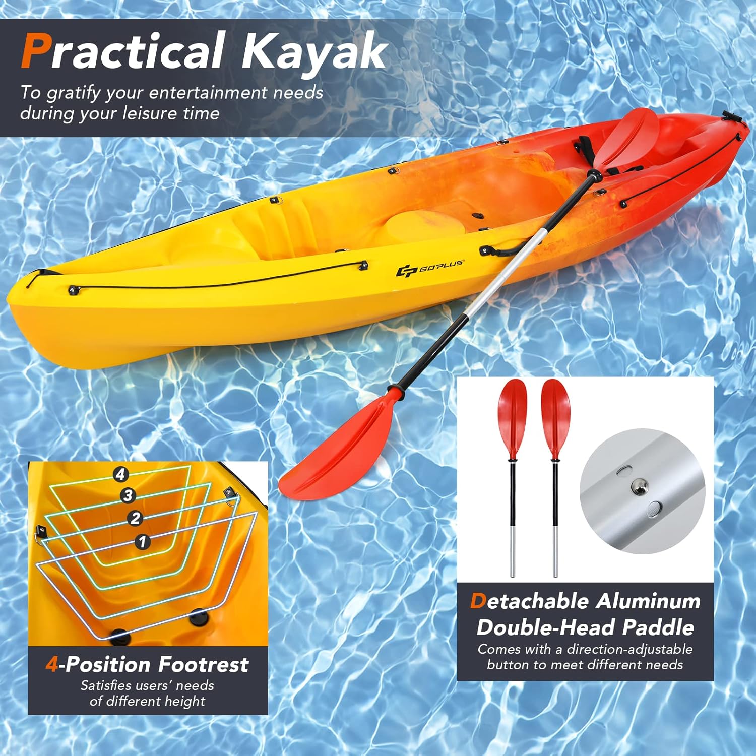 10.2FT Sit-On-Top Fishing Kayak, Portable Surfing Kayak Raft with Aluminum Paddle & Bungee Storage, 1-Person Recreational Kayak Boat for River