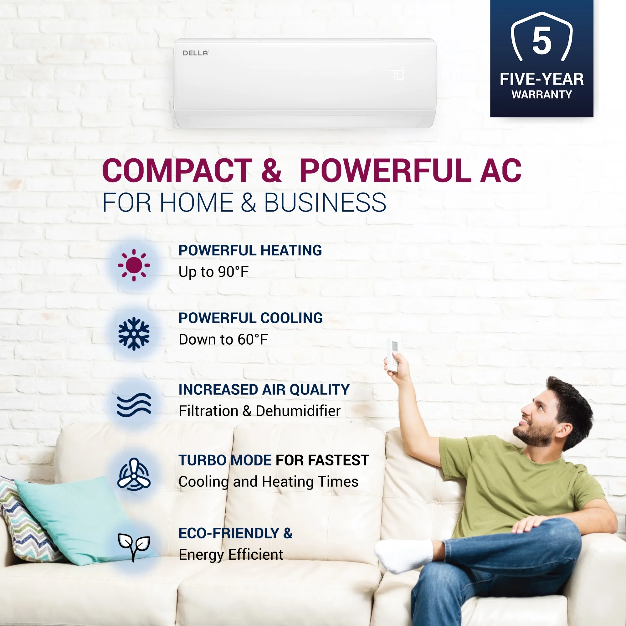 DELLA 22000 BTU Mini Split Air Conditioner 17 SEER2 Cools up to 1500 Sq. Ft, 230V, Works with Alexa
