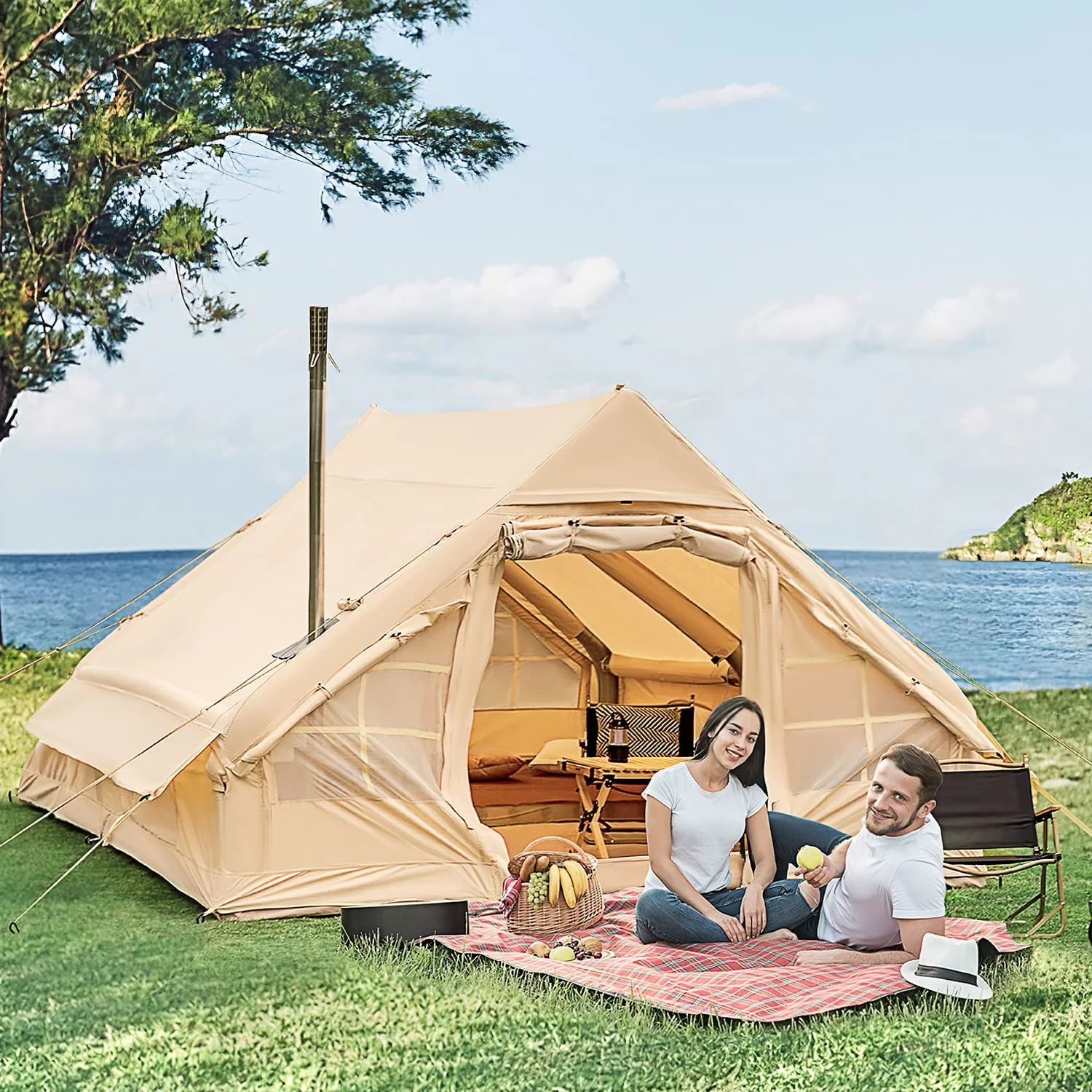 Richryce Inflatable Camping Tent with Pump, 129 SFT Cabin Tent, 4-6 Person Glamping Tents, Waterproof Windproof Outdoor Cotton Tent with Carrying Bag