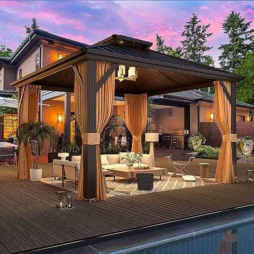 MELLCOM 10'x13' Hardtop Gazebo with Polycarbonate Double Roof, Aluminum Frame Outdoor Gazebo Permanent Pavilion with Curtains and Netting for Patio