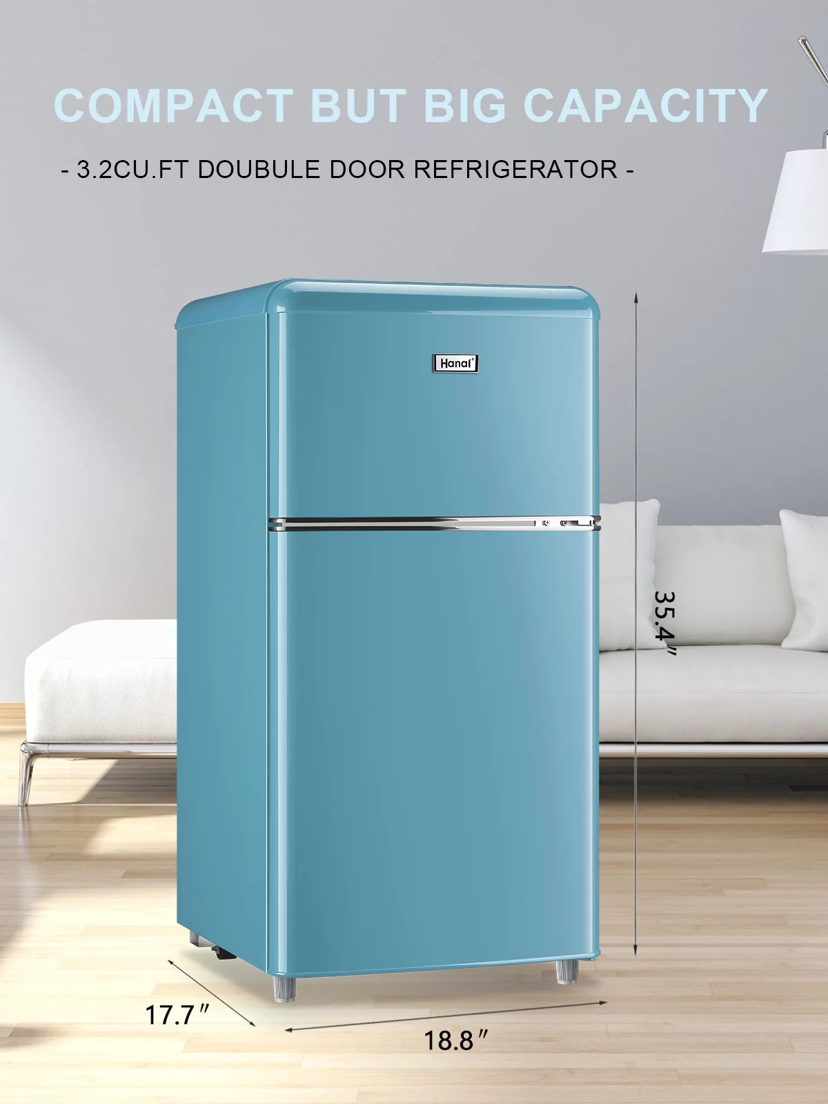 Compact Refrigerator Mini Fridge with Freezer, 3.2 Cubic Feet Retro Dual Door Small Refrigerator by WANAI with 7 Temp Modes, LED Lights