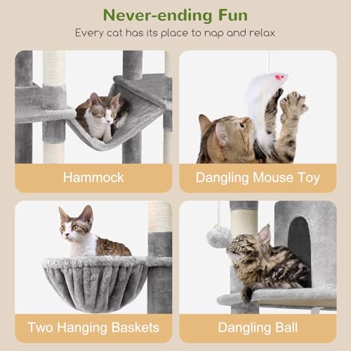 Globlazer Big Cat Tower for Indoor Cats, 80inch Cat Tower for Multiple Adult Cats XXL Cat Tree with Scratching Post, Hammock, 3 Perches, 2 Condos