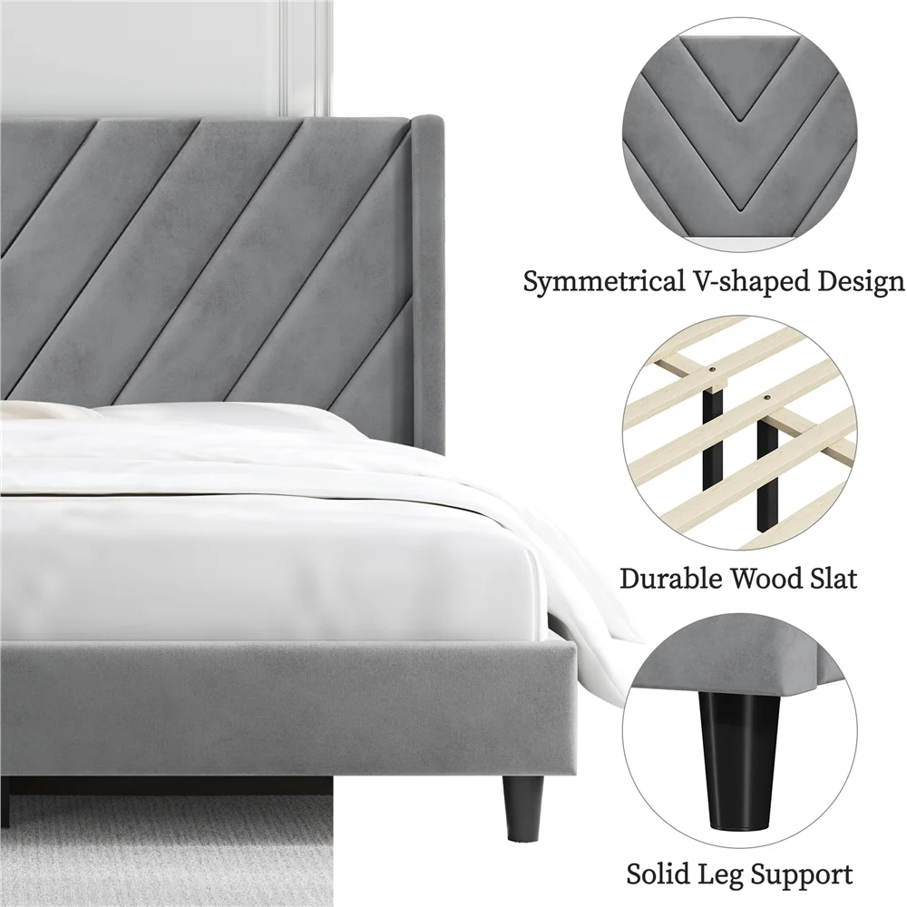 Topeakmart Full Modern Upholstered Bed with Wooden Slat Support, Light Gray