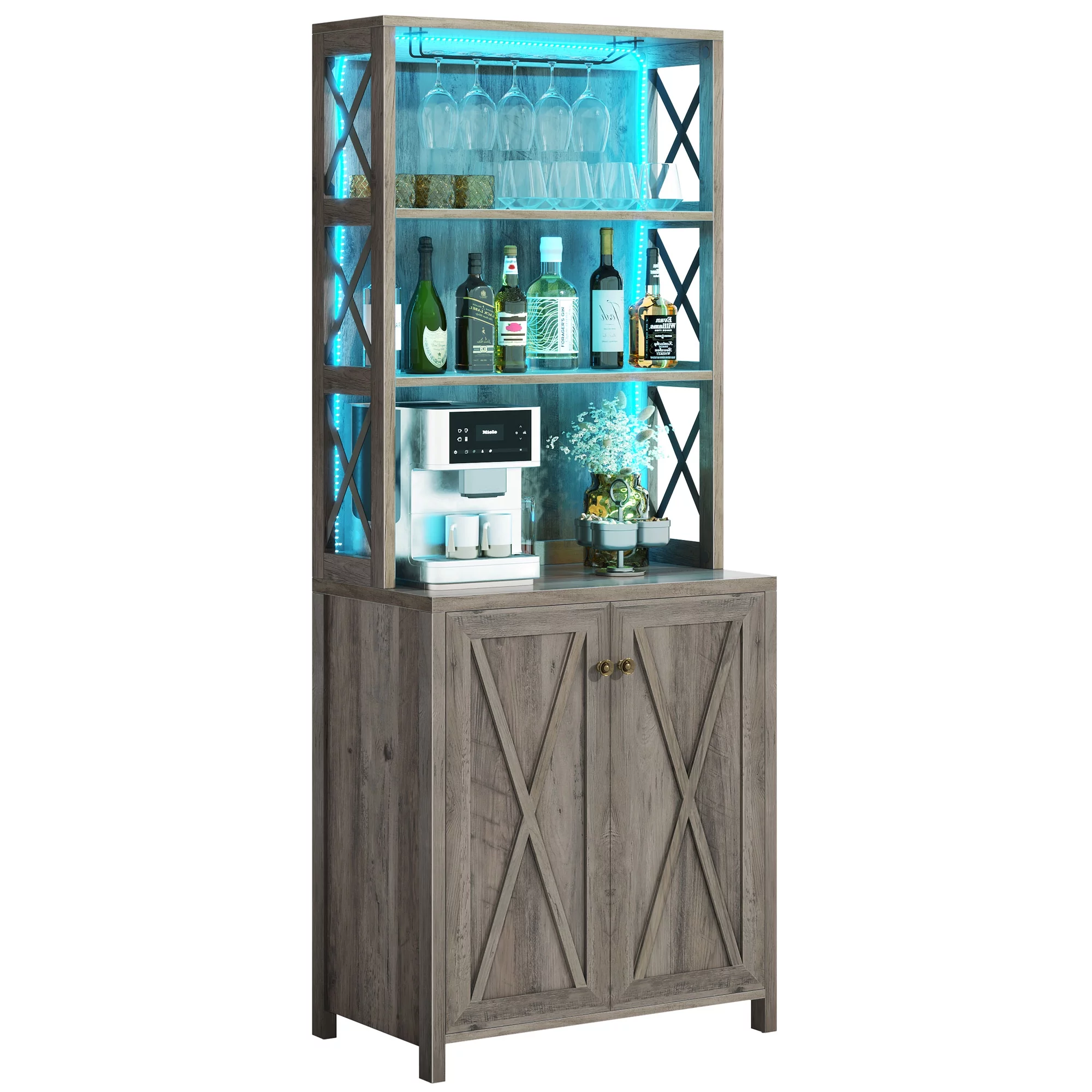 Dextrus Farmhouse Bar Cabinet for Liquor and Glasses, 67"Freestanding Bar Cabinet with Led Light, Doors and Shelves, Kitchen Microwave Storage