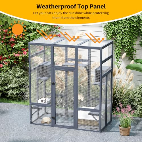 COZIWOW 70Inches Large Stable Spacious Wooden Catio Outdoor Cat Enclosure with Perches and Condos, Cat Cage Indoor with Waterproof Roof