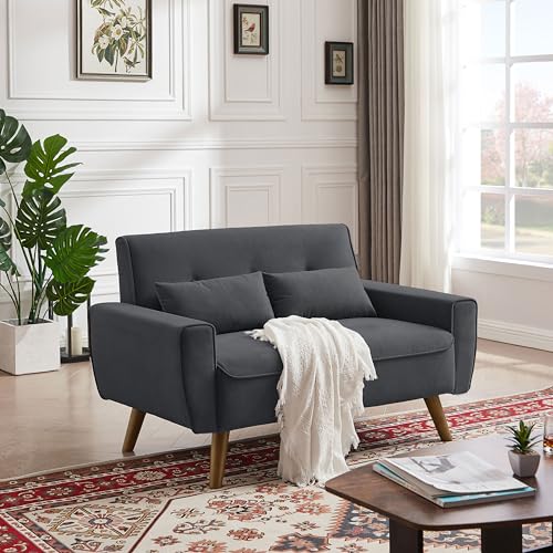 48.8" Small Loveseat Sofa, Mid Century Modern Love Seat Couch with Back Cushions and Wood Legs, 2 Seater Couches for Living Room, Bedroom