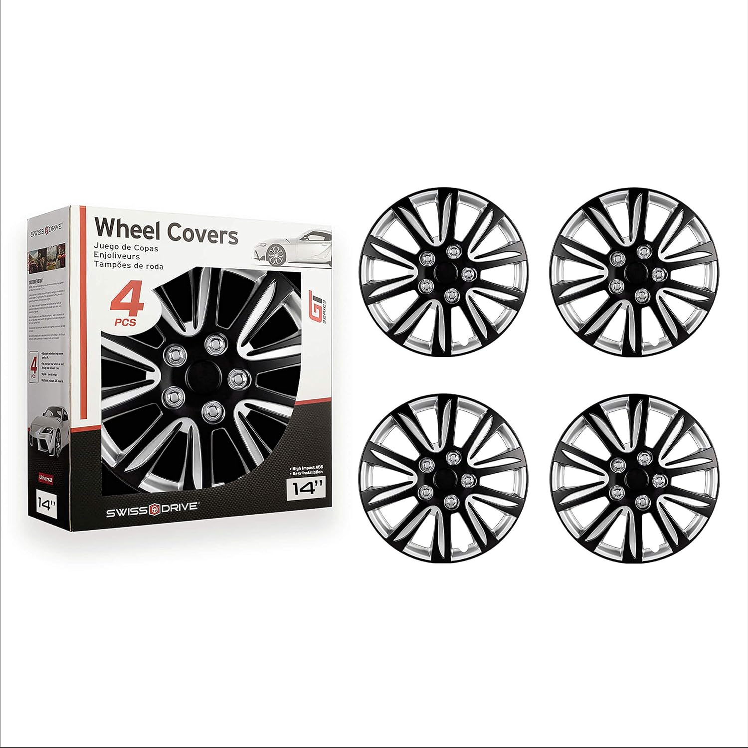 Swiss Drive Hubcaps 15-Inch Set of 4 - Luxurious Blank and Silver Design - Durable and Reliable Automotive Wheels - Easy to Install