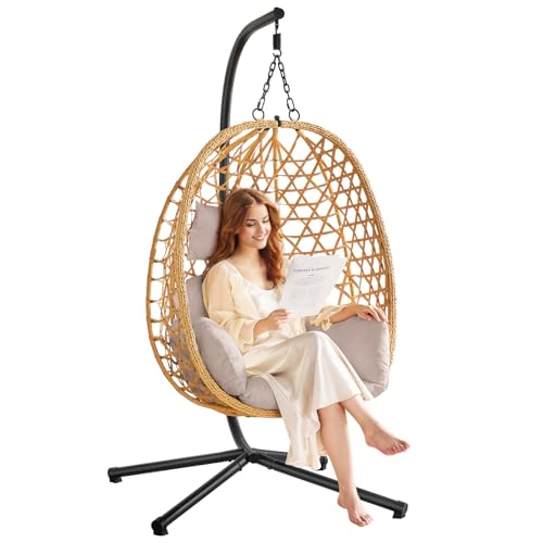 Egg Chair with Stand, Wicker Rattan Swing Hammock Chair with Fine Lace & Cushion, Hanging Chair with Double Chains