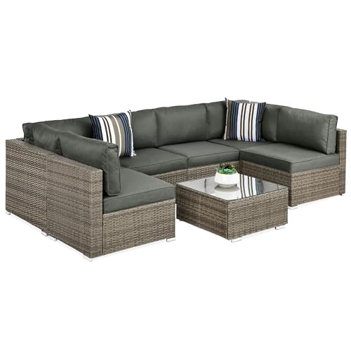 Best Choice Products 7-Piece Modular Outdoor Sectional Wicker Patio Conversation Set w/ 2 Pillows, Coffee Table, Cover Included - Gray/Navy