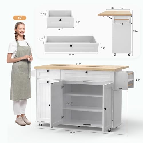 60" Kitchen Island with Power Outlet & Drop Leaf, Kitchen Rolling Island with Spice Rack & Towel Rack, Knife Holder