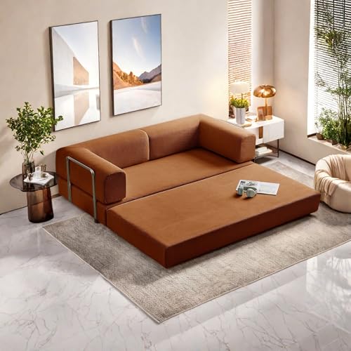 Convertible Floor Sofa Bed, Foldable Mattress Cloud Couch with Pillow Back & Armrest, Chenille Sleeper Sofa Bed with Fixed-Shape Frame