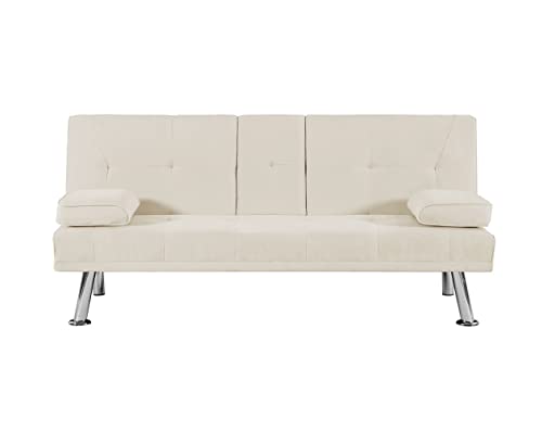 Convertible Folding Futon Sofa Bed,PU Leather Upholstered Modern Couch Loveseat Sleeper, Folding Daybed Guest Bed, Removable Armrests, 2 Cup Holders