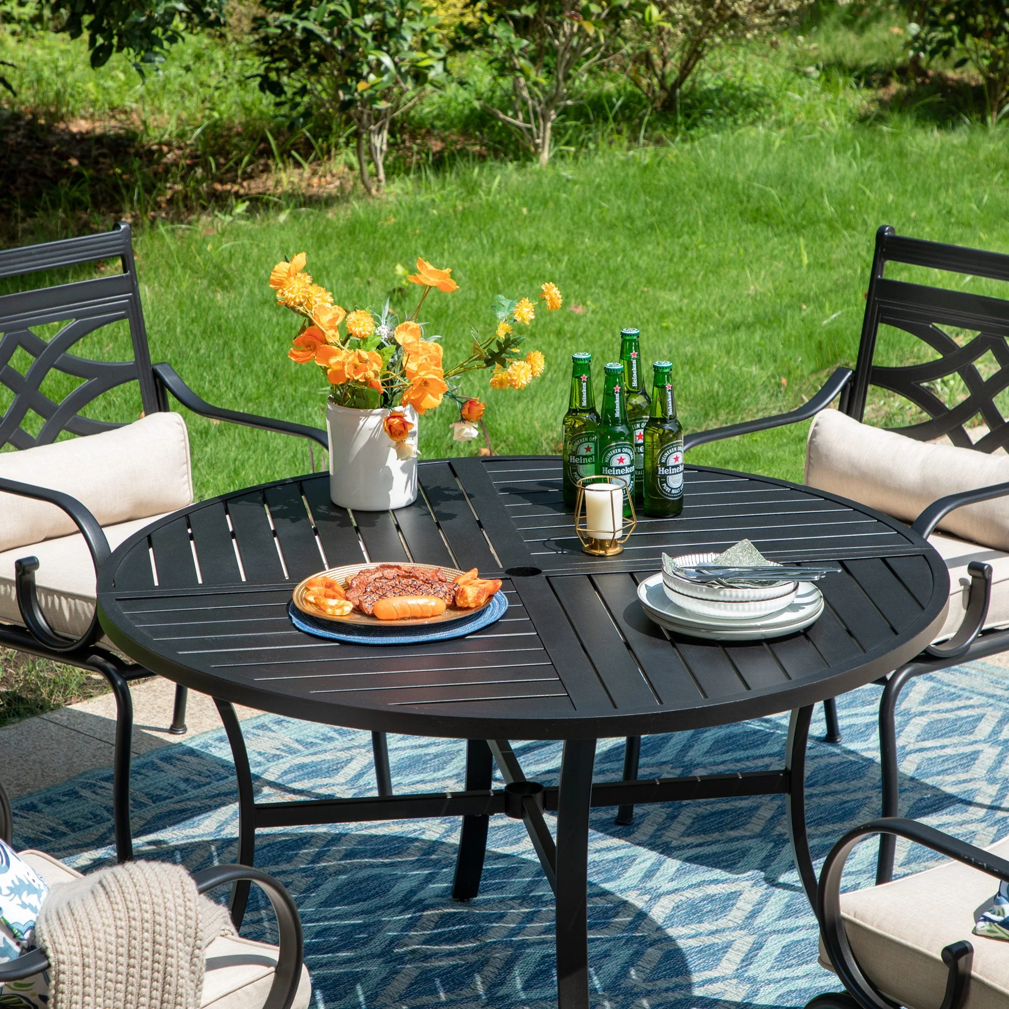 Summit Living 5-Piece Outdoor Dining Set, All-Weather Metal Furniture with Cushioned Chairs & Round Table, Black & Beige