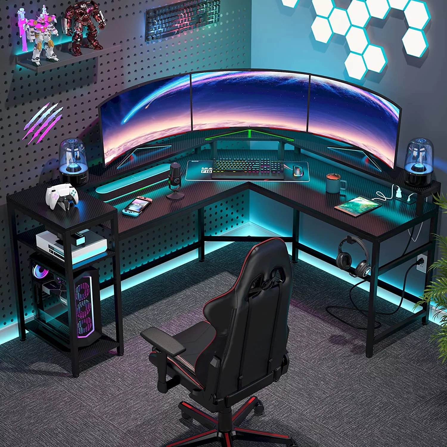 Tribesigns L-Shaped Gaming Desk with LED Strips, Power Outlets & Monitor Stand, Black