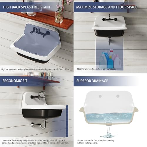 ELLAI 24 Inch Wall Mounted High Back Kitchen Sink White and Black Porcelain Utility Sink Farm Sink Ceramic Farmhouse Laundry Sink Wall Mount Bathroom
